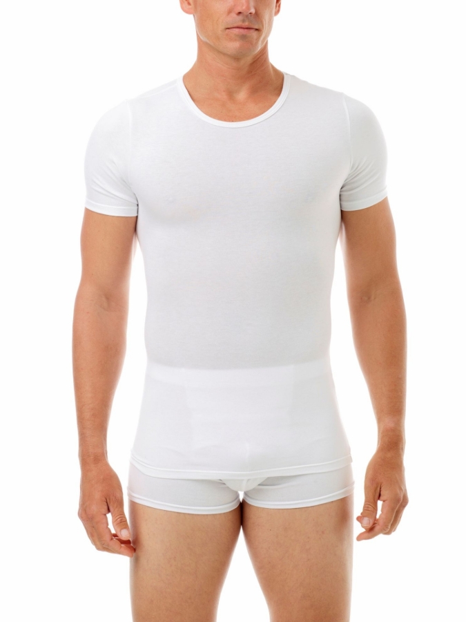 Underworks Men's Cotton Spandex Crew Neck T-Shirt in white, displayed as a versatile base layer for casual or professional settings