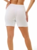 Breathable white women's cotton boy shorts, 8-inch inseam to stop riding up and irritation.