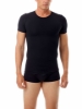 Man wearing a black Underworks Men's Cotton Spandex Crew Neck T-Shirt, showcasing a snug, breathable fit for athletic and everyday wear.