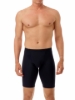 Black microfiber compression shorts, front view on model
